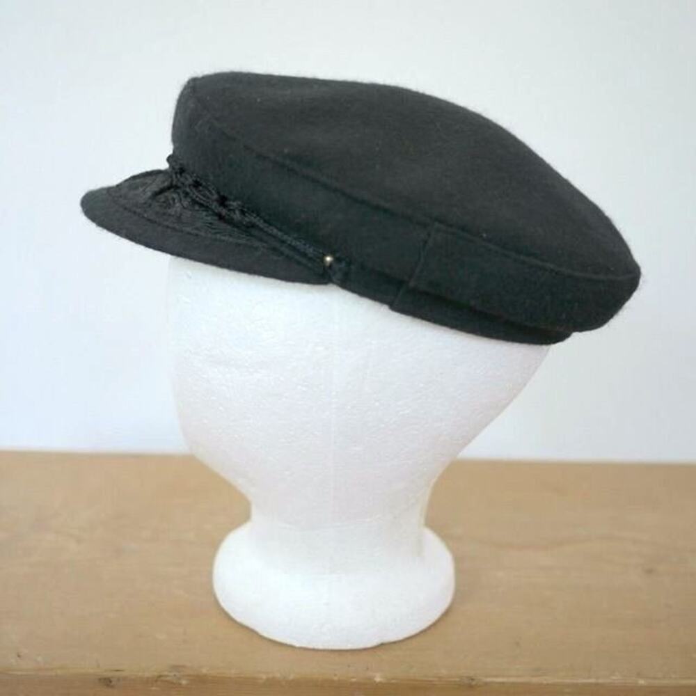 Vintage AEGEAN San Francisco Athens Black Wool Greek Fisherman Cap Hat 21.5" 55